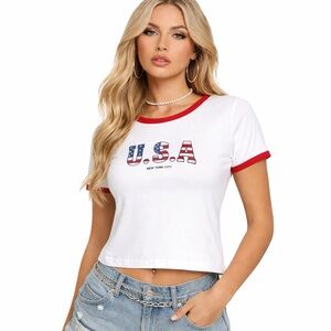 H&M Divided USA Ringer Tee Y2K Graphic Baby Tee Patriotic NYC